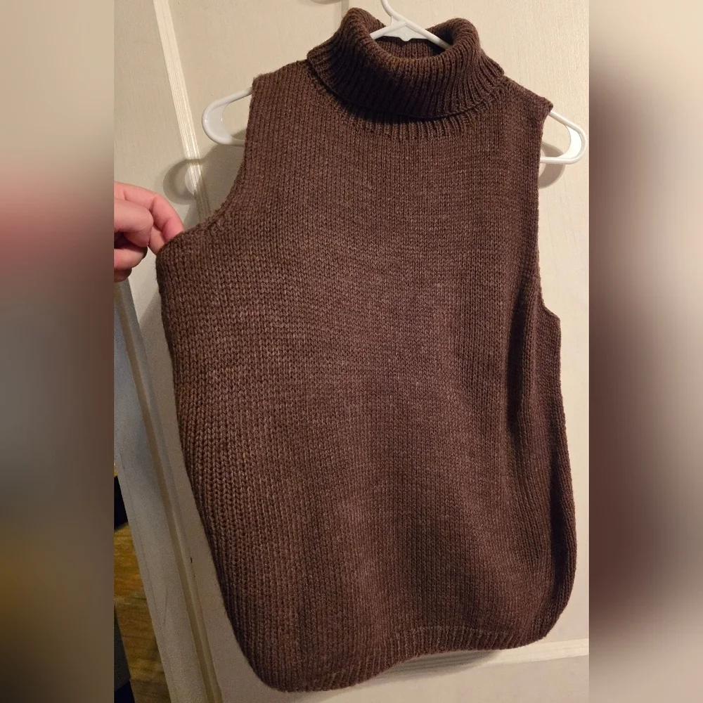 NWOT | Hand Knit Sleeveless Sweater Turtleneck Tank Top | Color: Chocolate Brown - Picture 4 of 12